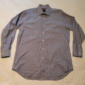 David Donahue‎ Shirt Mens 16x32/33 Blue Micro Gingham Spread Collar Dress Shirt